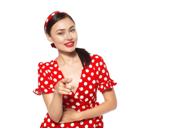 Portret Pięknej Kobiety Pinup Retro Stylowy Wskazywać