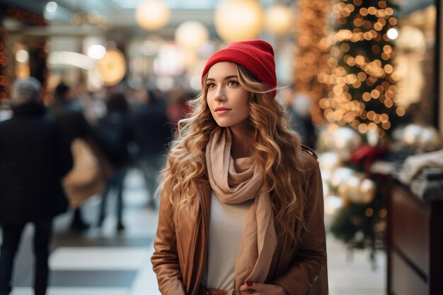 Zdjęcie portret pięknej kobiety robiącej zakupy w centrum handlowym piękna kobieta robiąca zakupy