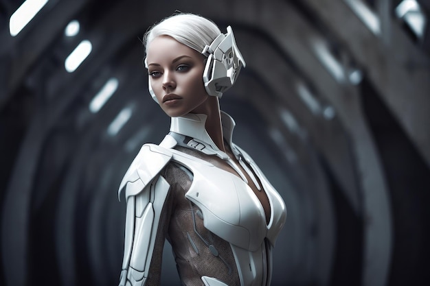 Portret pięknej kobiety robota w futurystycznej przestrzeni renderowania 3D Generacyjna sztuczna inteligencja