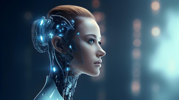 Portret pięknej kobiety-robota z sztuczną inteligencją