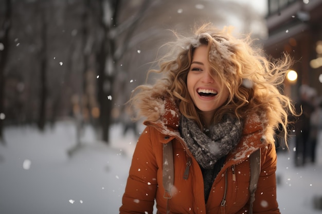 Portret pięknej kobiety śmiejącej się w zimowej scenie Generatywny obraz AI