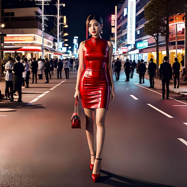 Portret pięknej kobiety w czerwonej sukience na ulicznej nocnej sztuce generatywnej autorstwa AI