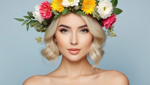 Portret pięknej kobiety w letnich ubraniach z wieńcem kwiatowym na głowie
