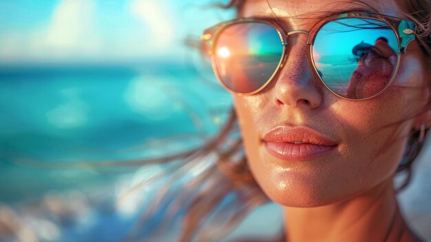 Zdjęcie portret pięknej kobiety w okularach przeciwsłonecznych na plaży