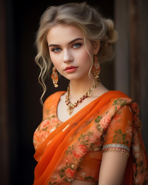 Portret pięknej kobiety w pomarańczowym i złotym tradycyjnym indyjskim sarie