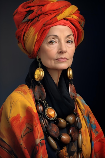 Portret pięknej kobiety w średnim wieku w turbanie