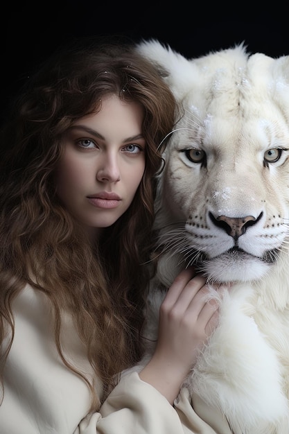 Portret pięknej kobiety z białym lwem. Generatywna sztuczna inteligencja mody urodowej