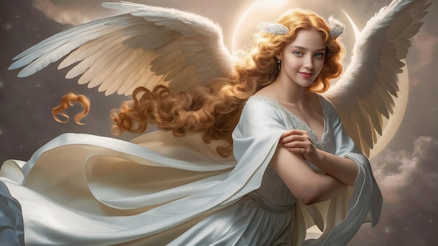 Portret pięknej kobiety z białymi skrzydłami anioła