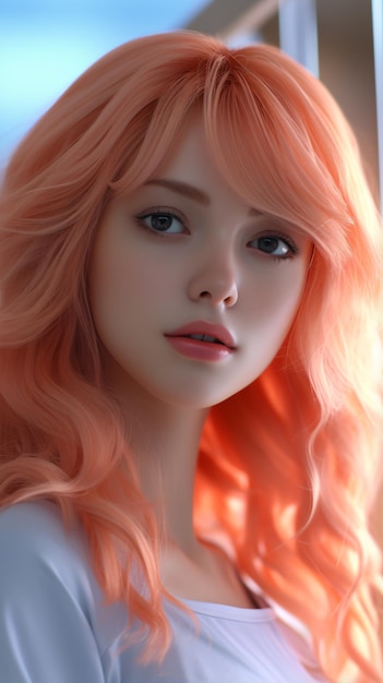 Portret pięknej kobiety z długimi pomarańczowymi włosami