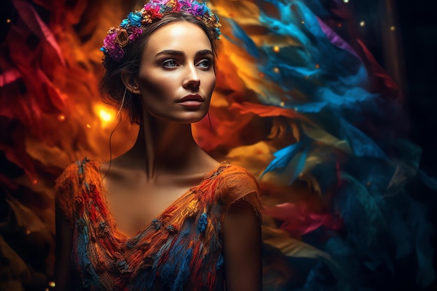 Portret pięknej kobiety z kolorowymi sukienkami z bliska