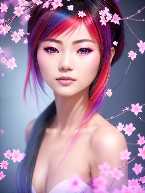 Portret pięknej kobiety z kwiatami we włosach
