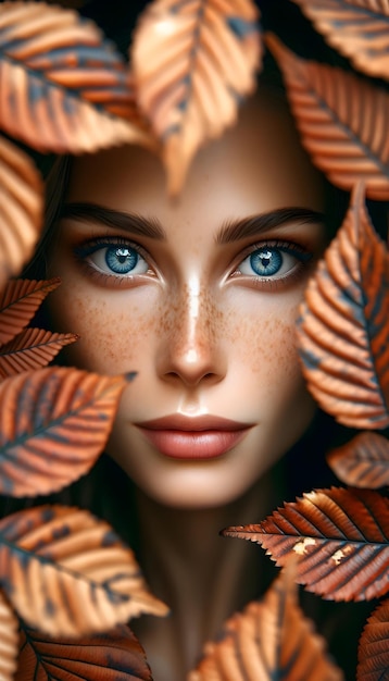 Portret pięknej kobiety z niebieskimi oczami za pomarańczowymi liśćmi wzór tła