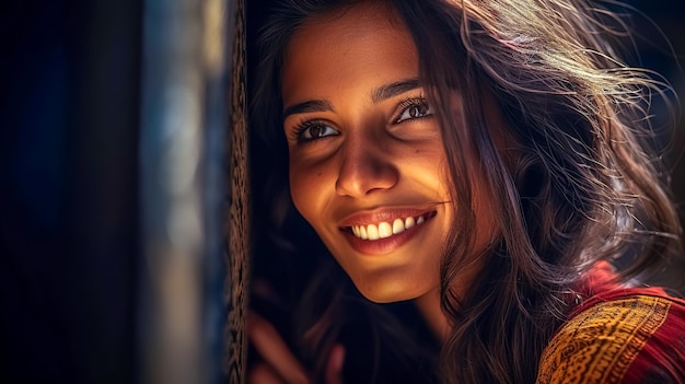 Portret pięknej kobiety z promieniującym uśmiechem w miękkim świetle