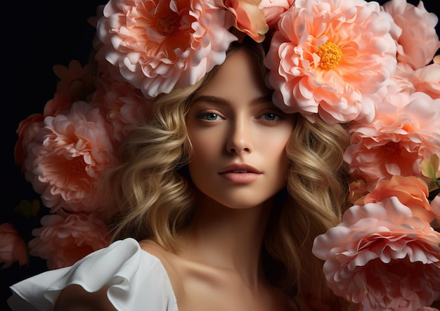 Portret pięknej kobiety z różowymi kwiatamiAI Generative