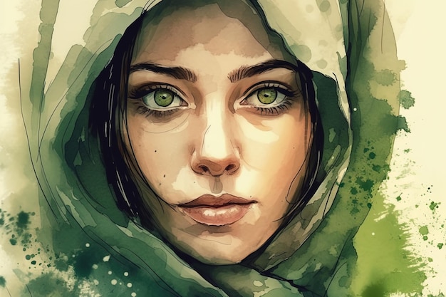 Portret pięknej kobiety z zielonym hidżabem lub szalikiem zakrywającym włosy lub głowę Akwarela