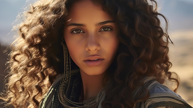 Portret pięknej marokańskiej dziewczyny z długimi kręconymi włosami w ciepłym świetle