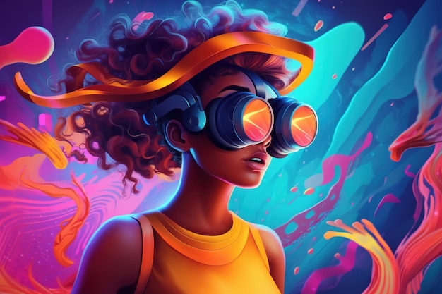Portret pięknej młodej afroamerykańskiej kobiety używającej okularów VR czarna kobieta ciesząca się cyberprzestrzenią w hełmie wirtualnej rzeczywistości Kolorowa ilustracja fantasy z efektami Generatywna sztuczna inteligencja