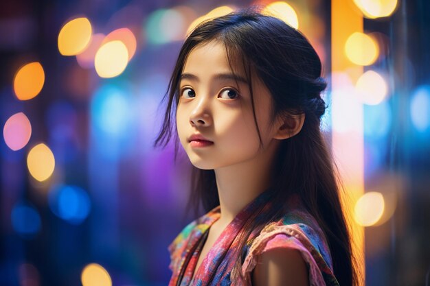 Portret pięknej młodej azjatyckiej dziewczyny w mieście w nocy