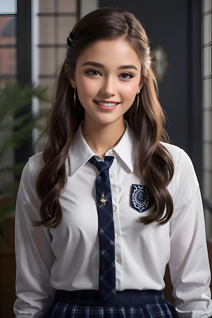 Portret pięknej młodej azjatyckiej kobiety w mundurze szkolnym uśmiechającej się do kamery