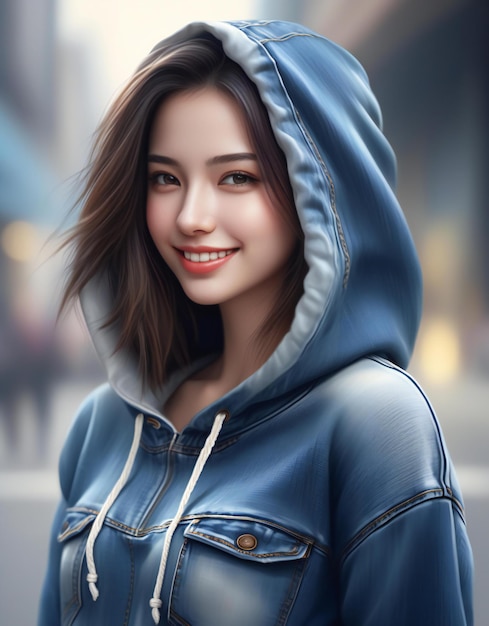 Portret pięknej młodej azjatyckiej kobiety w niebieskim kapturze