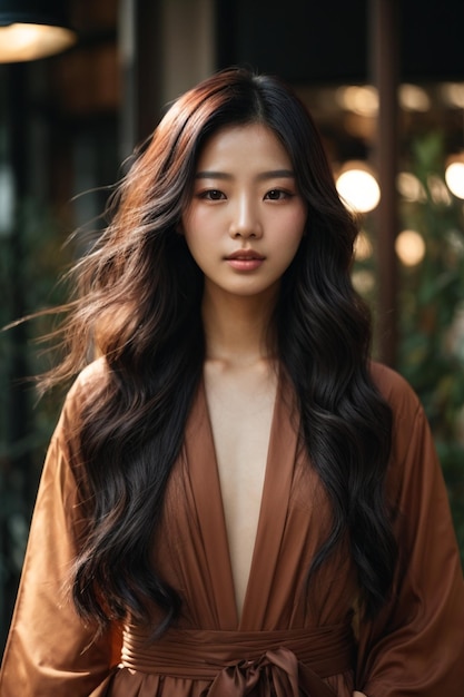 Portret pięknej młodej azjatyckiej kobiety z długimi włosami
