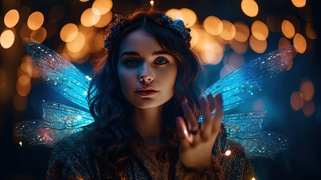 Portret pięknej młodej brunetki ze skrzydłami motyla jak wróżka w nocy