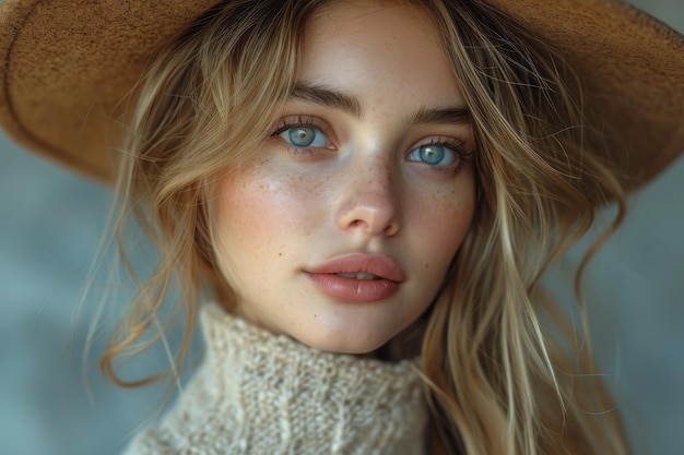 Portret pięknej młodej dziewczyny w ciepłym swetrze i kapeluszu na bliskim tle