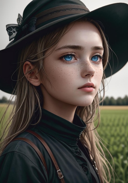 Portret pięknej młodej dziewczyny w kapeluszu na boisku Generatywna sztuczna inteligencja