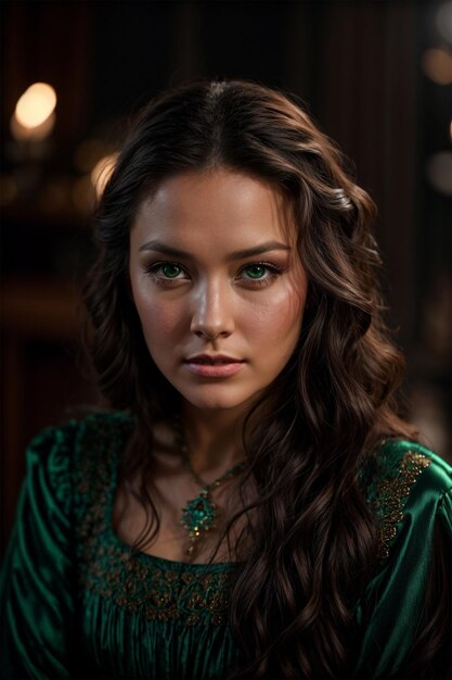 Portret pięknej młodej kobiety brunetka w zielonej sukience