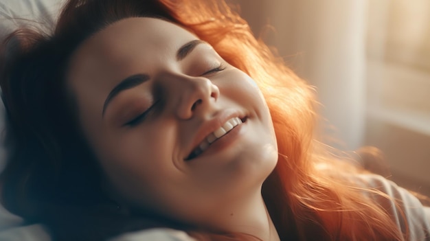 Portret pięknej młodej kobiety leżącej w łóżku i uśmiechającej się Generative AI