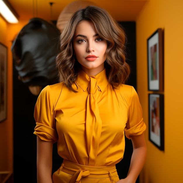 Portret pięknej młodej kobiety na żółtym tle