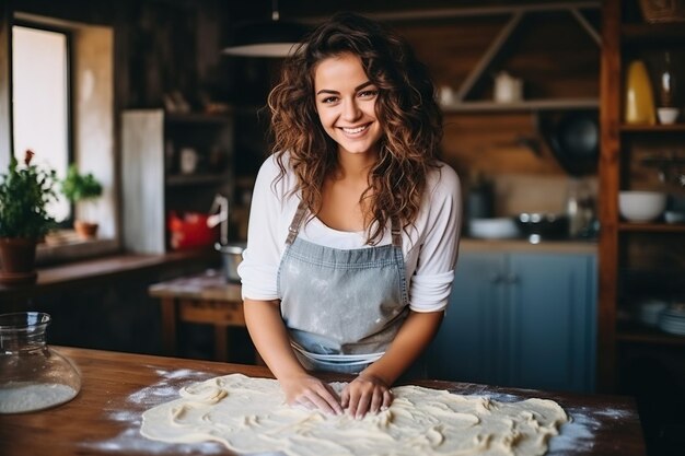 Portret pięknej młodej kobiety przygotowującej makaron w kuchni