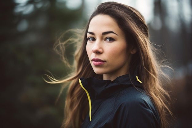 Portret pięknej młodej kobiety stojącej na zewnątrz w stroju sportowym stworzonym za pomocą generatywnej sztucznej inteligencji