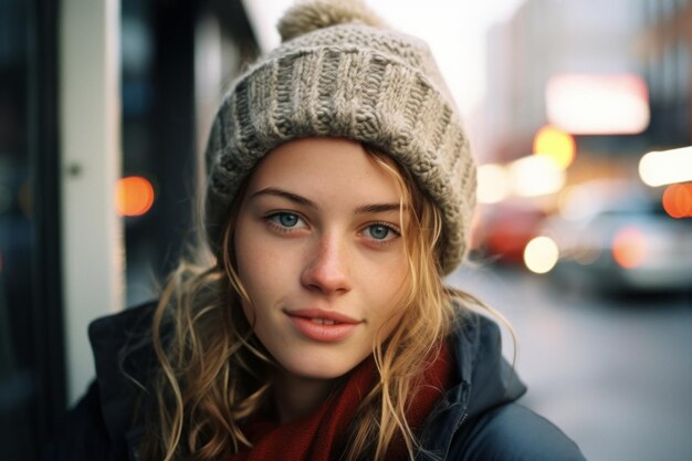 portret pięknej młodej kobiety ubranej w czapkę i szalik w mieście nocą