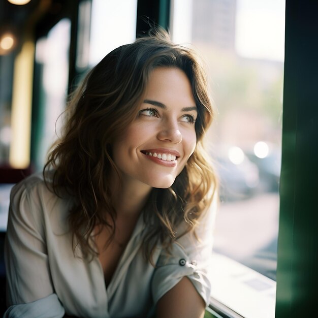Portret pięknej młodej kobiety uśmiechającej się i wyglądającej przez okno