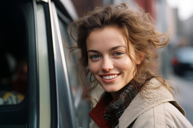 portret pięknej młodej kobiety uśmiechającej się przed samochodem
