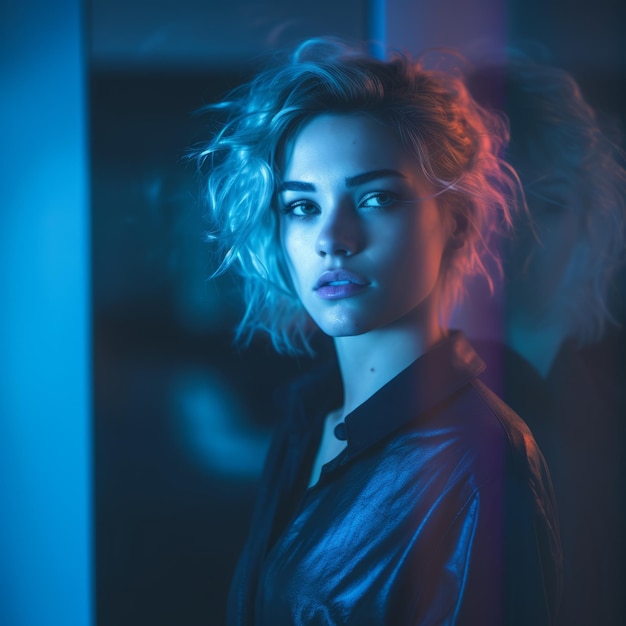 portret pięknej młodej kobiety w ciemnym pokoju z neonami