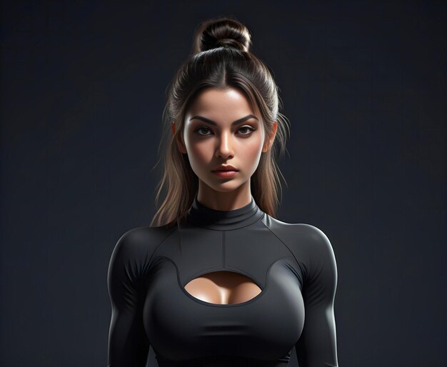 Portret pięknej młodej kobiety w czarnej odzieży sportowej na ciemnym tle