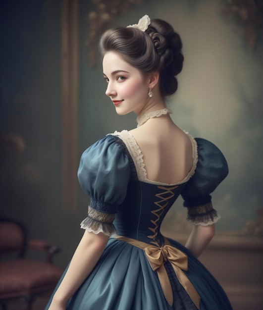Portret pięknej młodej kobiety w klasycznej sukience w stylu retro