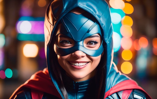 Zdjęcie portret pięknej młodej kobiety w kostiumie superbohatera i masce