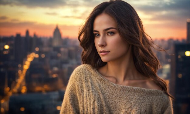 Zdjęcie portret pięknej młodej kobiety w mieście przy zachodzie słońca