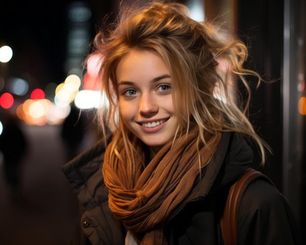 portret pięknej młodej kobiety w mieście w nocy