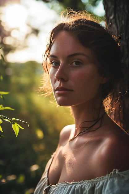 Portret pięknej młodej kobiety w ogrodzie przy zachodzie słońca
