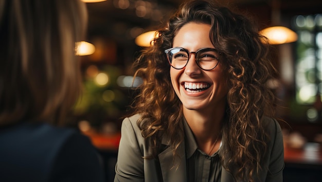 Portret pięknej młodej kobiety w okularach uśmiechającej się i patrzącej na kamerę w kawiarni