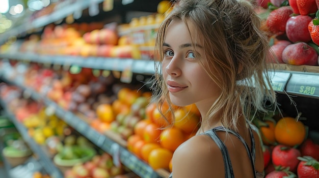 portret pięknej młodej kobiety w supermarkecie z owocami