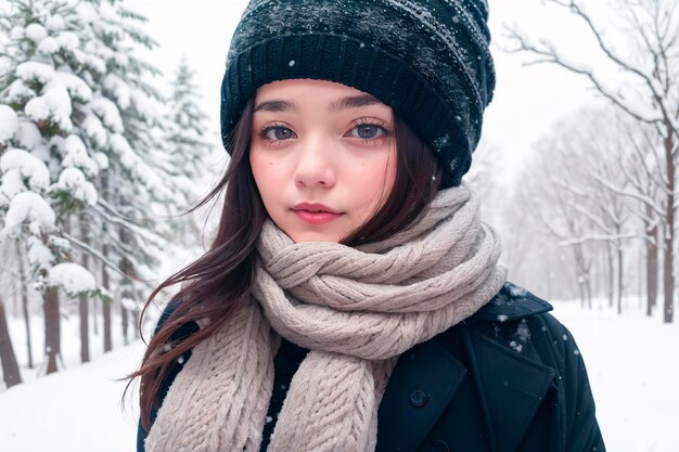 Portret pięknej młodej kobiety w zimowym kapeluszu i szalu