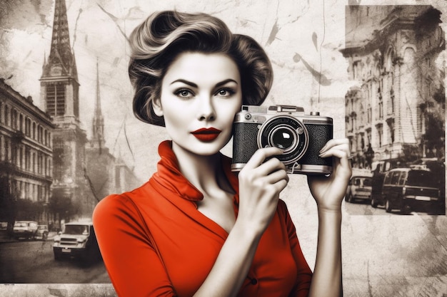 Portret pięknej młodej kobiety z aparatem fotograficznym w stylu retro Ilustracja w stylu retro Generative AI