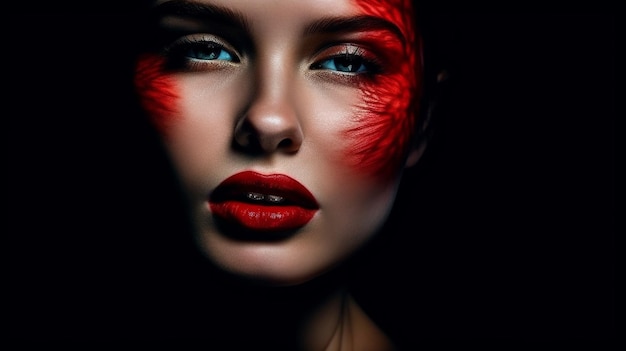 Portret pięknej młodej kobiety z czerwonymi ustami na czarnym tleGenerative ai