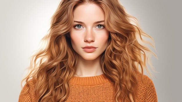 portret pięknej młodej kobiety z długimi falowanymi włosami