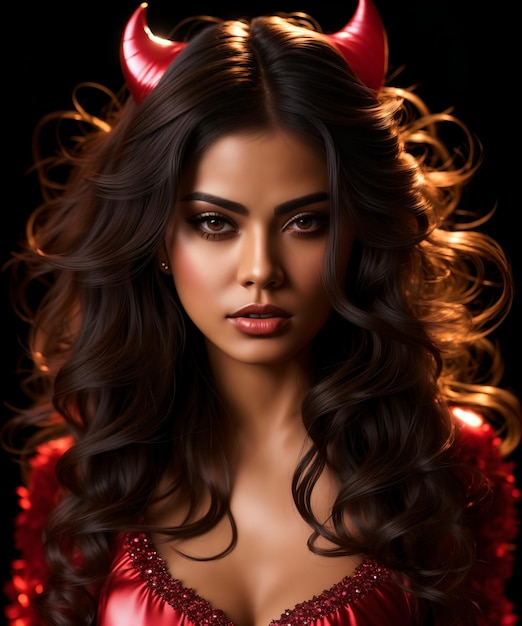 Portret pięknej młodej kobiety z długimi kręconymi włosami i czerwonymi rogami diabła